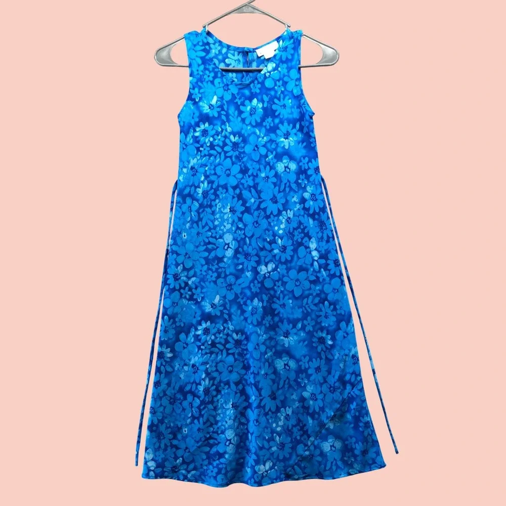 Vintage Y2K My Michelle Girls Size 10 Blue Floral Midi Dress Sundress Sleeveless
